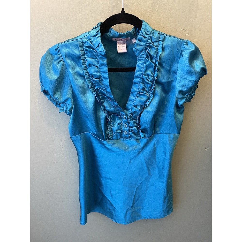 McBling '06-'09 Halo Blue Satin Ruffle V-Neck Short Sleeve Stretch Blouse Size M